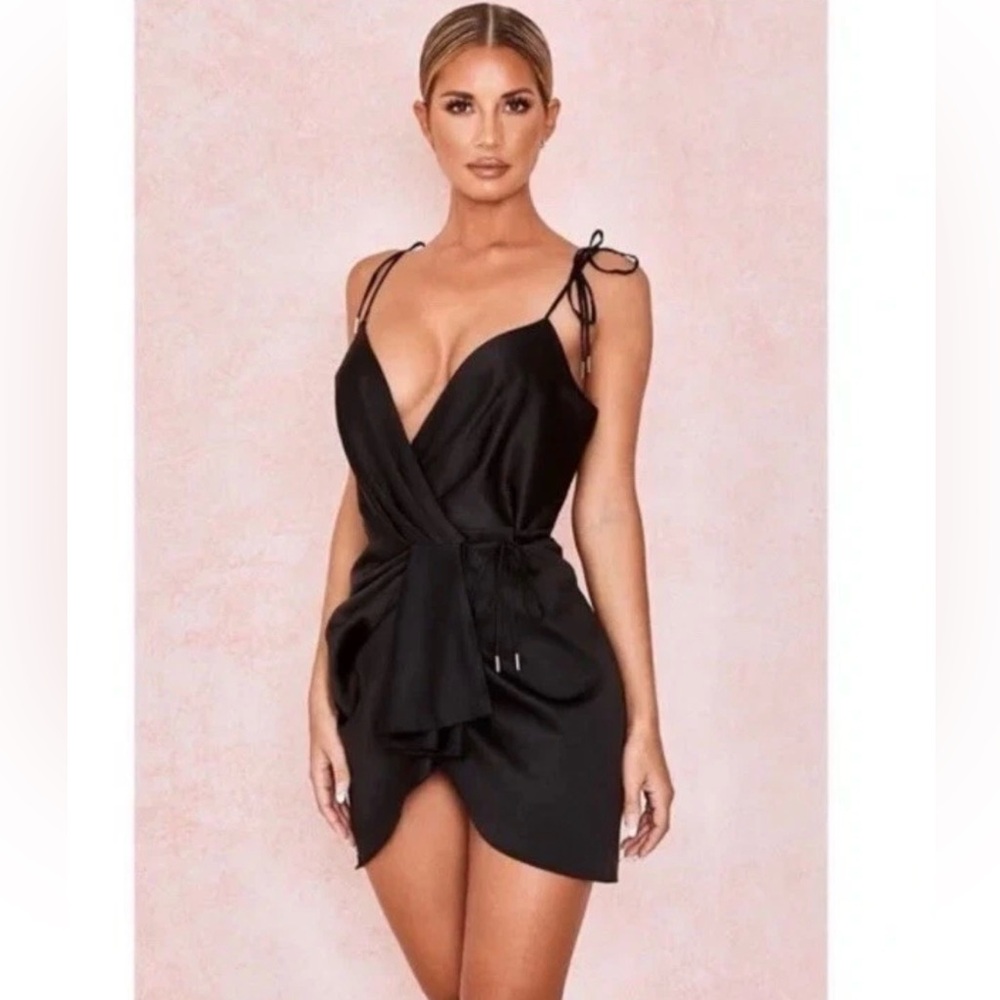 NEW HOUSE OF CB 'Maryam' Black Satin Strappy Wrap Dress/Size XS US 2-4